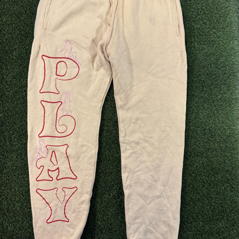 PLAYBOY Cream Sweatpants with Red Lettering